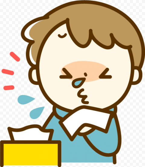 Child sneezing into tissue with red lines indicating force and blue droplets showing expelled mucus.