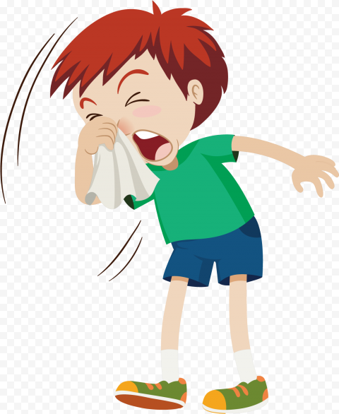Boy with red hair sneezing into a tissue, wearing green shirt and blue shorts.