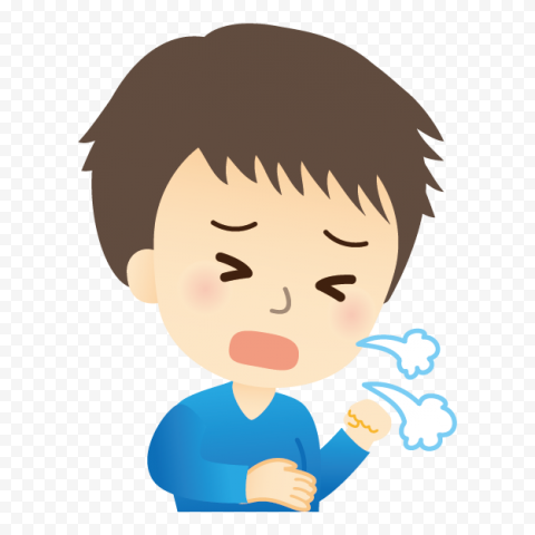 Cartoon boy coughing with pained expression, blue shirt, visible breath clouds indicating illness.