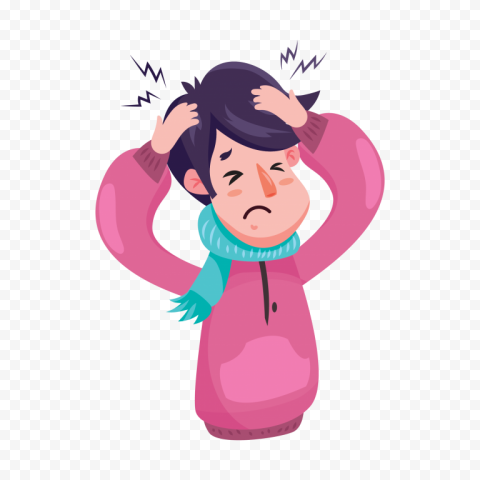 Person clutching head in pain with lightning bolts indicating headache or stress, wearing pink hoodie and teal scarf.