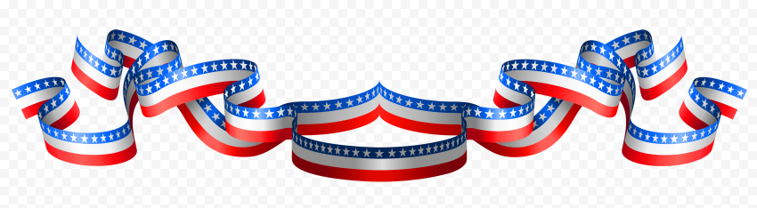 Wavy red, white, and blue ribbon with white stars on a transparent background, symbolizing American patriotism.