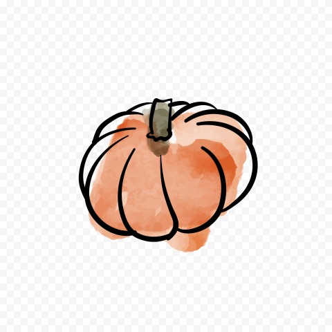 Hand-drawn watercolor pumpkin with black outline and green stem, orange hues on transparent background.
