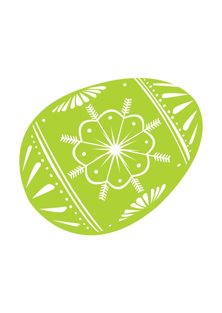 Lime green Easter egg with intricate white floral and geometric patterns on black background.