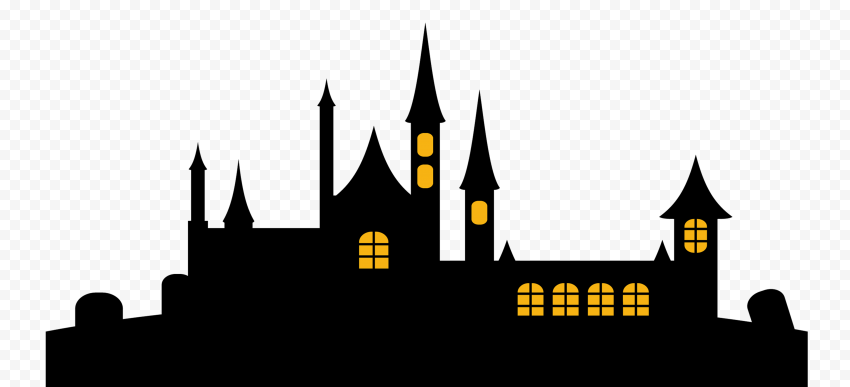 Silhouette of a spooky haunted castle with glowing yellow windows against a transparent background.
