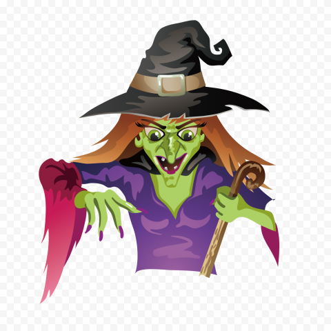 Green-skinned cartoon witch with black hat, purple robe, red scarf, and wooden staff, grinning mischievously.