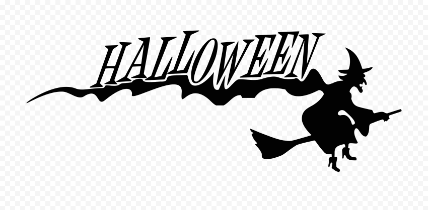 Halloween text with witch flying on broomstick silhouette against transparent background