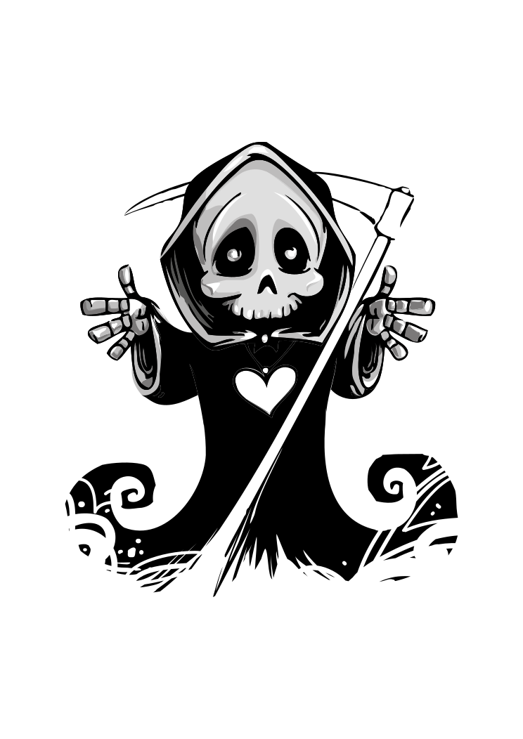Cartoon grim reaper with large eyes and outstretched skeletal hands peeking from a hooded cloak against black background.