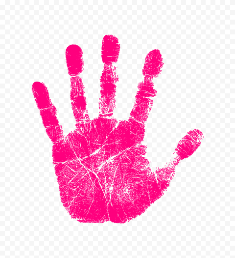 Vibrant pink handprint with textured, slightly smudged ink on transparent background.