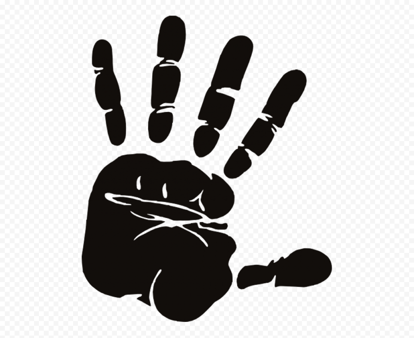 Black silhouette of an open handprint with five fingers spread, on transparent background.