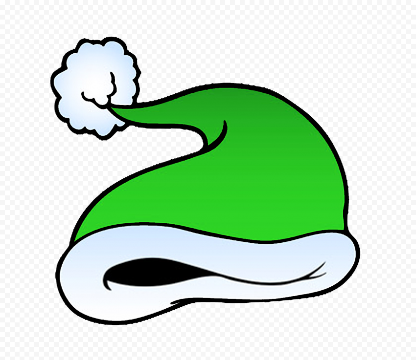 Green elf hat with white fur trim and fluffy white pom-pom, cartoon style on transparent background.
