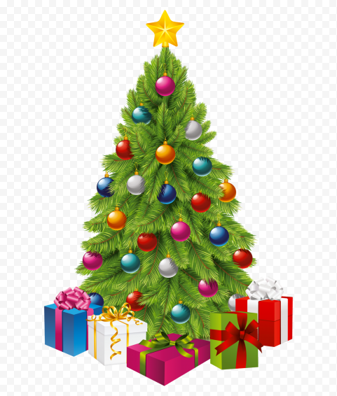 Festive Christmas Tree with Ornaments and Gifts - Free PNG Download