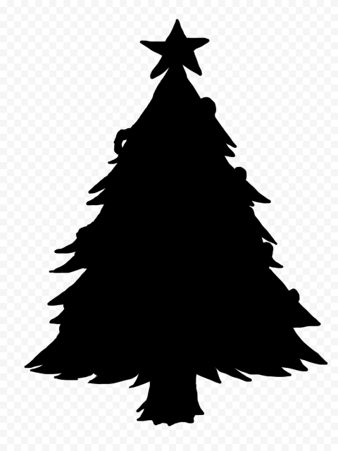 Black silhouette of a decorated Christmas tree with star topper on transparent background.
