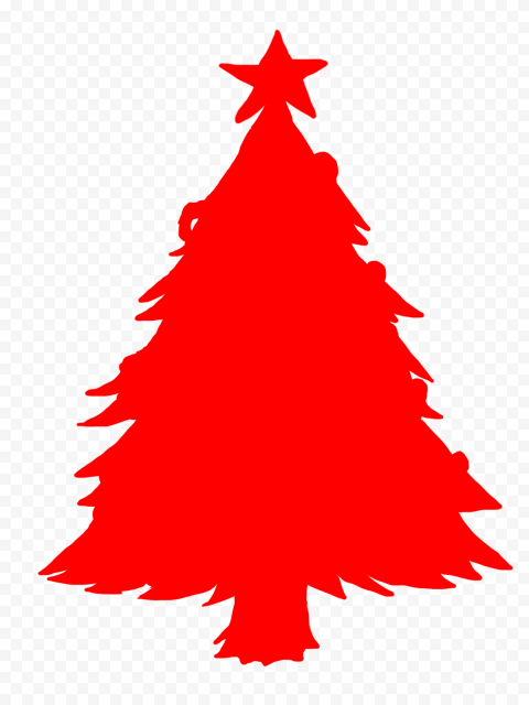Red silhouette of a Christmas tree with star topper on transparent background.