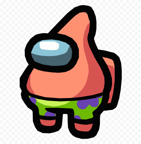 A pink Among Us crewmate character wearing green shorts with purple spots and a single visor eye.