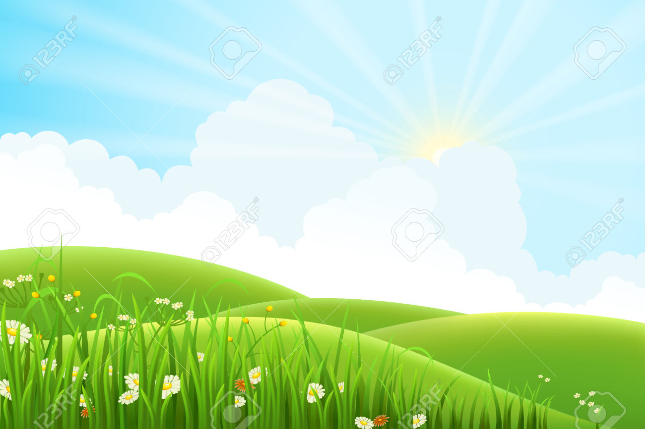 Sunny spring meadow with green hills, daisies, and radiant sun peeking through clouds.