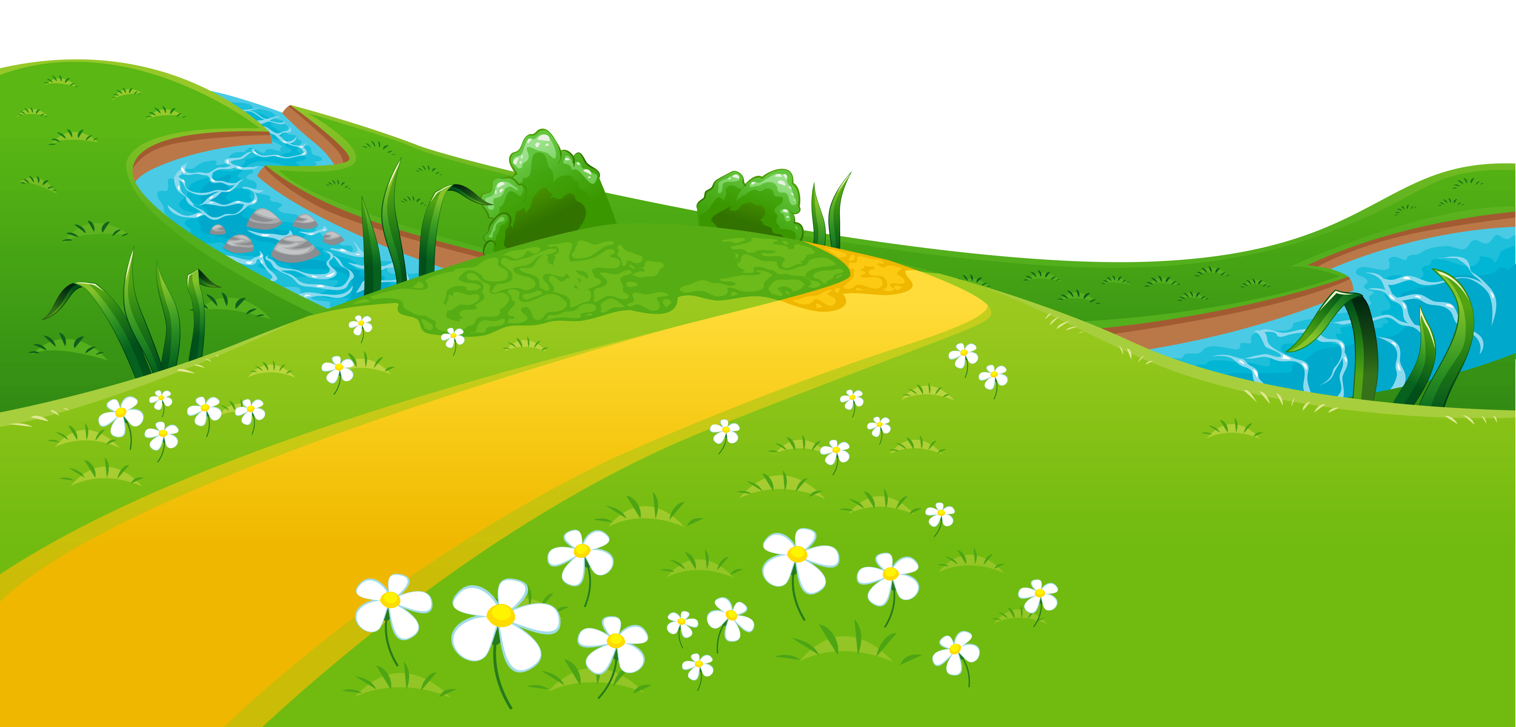 A cheerful cartoon landscape with a winding yellow path, green hills, white daisies, and a blue stream with rocks.