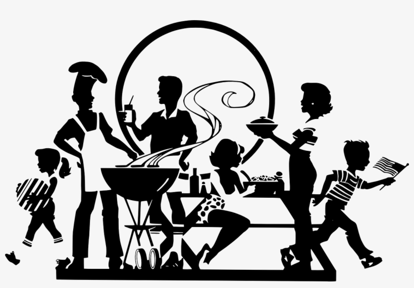 Silhouette of a family gathering around a barbecue grill, with adults cooking and serving food while children play and hold flags.