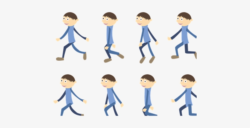 Eight-frame cartoon animation of a boy walking in blue outfit, showing full gait cycle sequence.