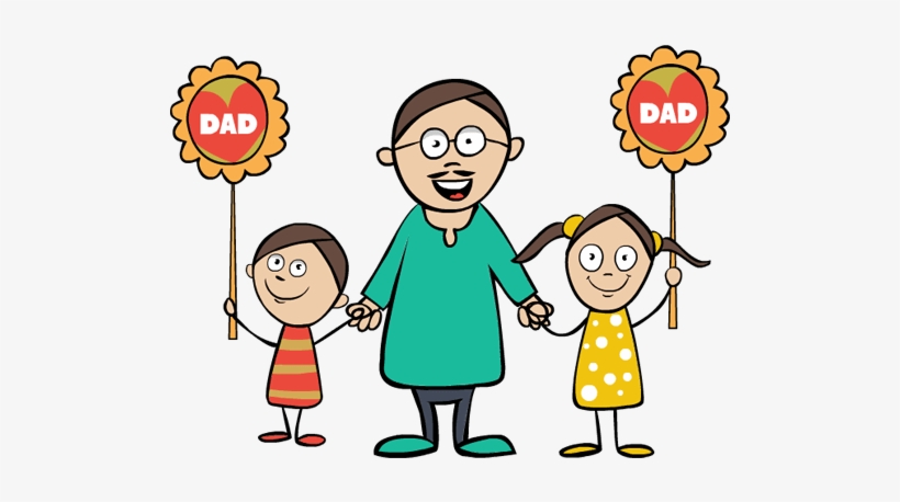 A smiling father holding hands with his son and daughter, each holding a "DAD" flower sign.