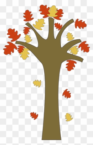 Stylized autumn tree with red, orange, and yellow leaves falling against transparent background.