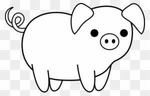 Simple black-and-white line drawing of a cute cartoon pig with curly tail and round eyes.