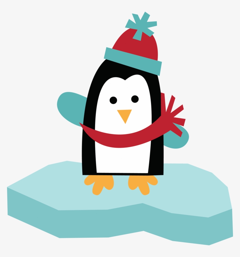 Cute cartoon penguin wearing a red hat and scarf, standing on an ice floe.