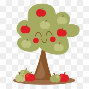 Cheerful cartoon apple tree with smiling face, red and green apples on branches, and fallen fruit at base.