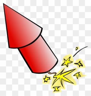 A red cartoon firework rocket launching with yellow star-shaped sparks trailing behind.
