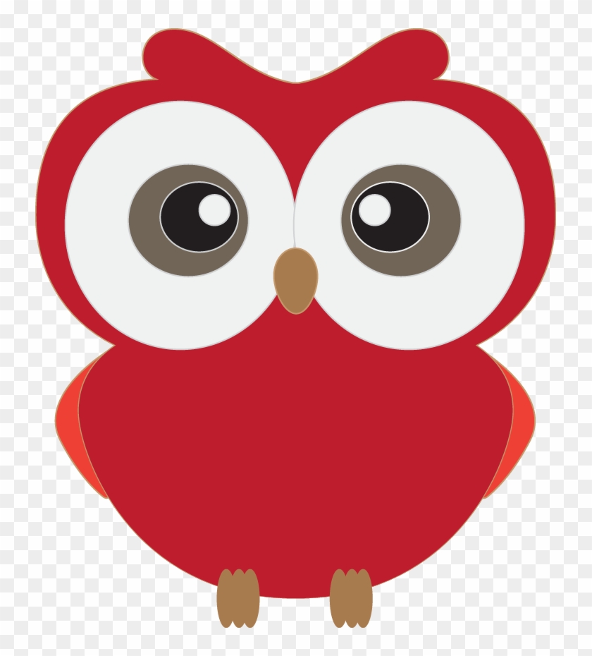 Red cartoon owl with large white eyes, brown pupils, and a tan beak on transparent background.