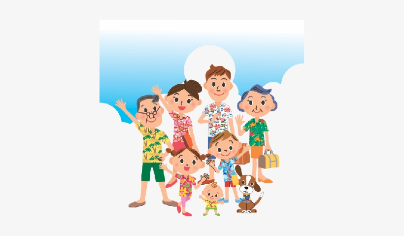 Happy multi-generational family with grandparents, parents, children, and a dog posing together in summer attire under a sunny sky.