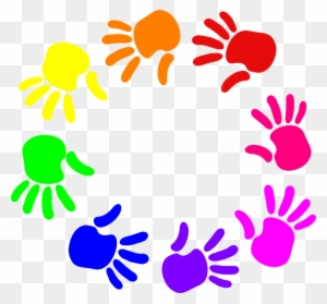 Colorful handprints arranged in a circular rainbow pattern on transparent background.