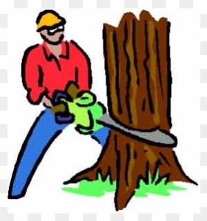 A cartoon worker in red shirt, blue pants, yellow helmet, and goggles uses a green chainsaw to cut a brown tree stump.