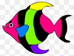 Vibrant cartoon fish with bold pink, green, black, yellow, blue, and purple stripes on a transparent background.