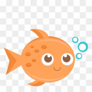 Cute orange cartoon fish with big eyes, smiling face, and bubbles on transparent background.