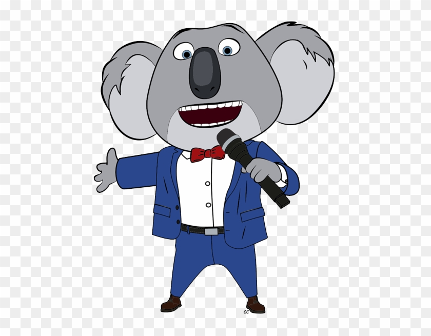 Animated koala in a blue suit and red bowtie singing into a microphone with an enthusiastic expression.