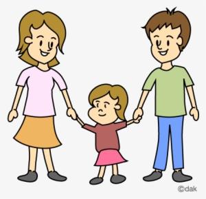 Smiling cartoon family of three holding hands-mother, father, and daughter-on a plain background.
