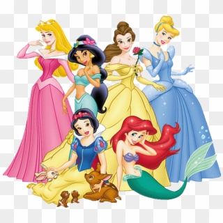 Six Disney princesses-Aurora, Jasmine, Belle, Cinderella, Snow White, and Ariel-pose together with animals in vibrant gowns.