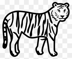 Black-and-white line drawing of a standing tiger with bold stripes and alert expression.