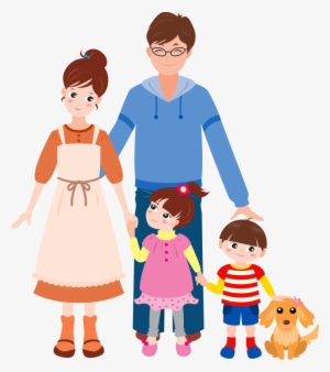 Happy cartoon family of four with a dog, smiling together in casual home attire.