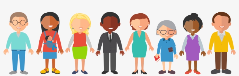Diverse group of eight illustrated people of varying ages, genders, ethnicities, and roles standing side by side.