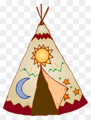 Colorful illustrated teepee with sun, moon, stars, and mountain motifs on a checkered background.