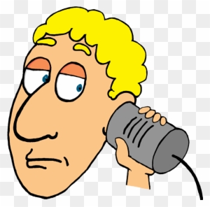 Cartoon man with blond hair holding a tin can phone to his ear, listening intently.