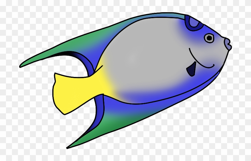 Colorful cartoon angelfish with blue, green, yellow, and gray gradient fins and body, smiling face on transparent background.