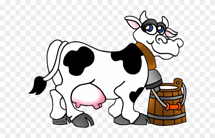 Cartoon cow with black spots, blue eyes, and a wooden milk bucket beside it.
