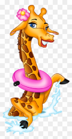 Cartoon giraffe wearing pink floatie and flower, splashing in water with joyful expression.