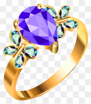 Gold ring featuring a large purple pear-cut gemstone flanked by two blue-green butterfly motifs with faceted wings.