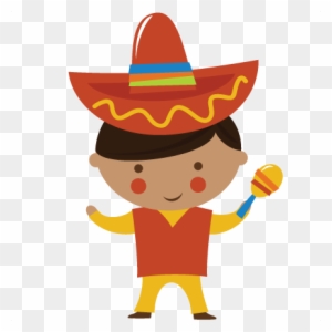 Cheerful cartoon boy wearing a red sombrero and holding maracas, celebrating Mexican culture.