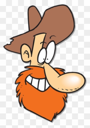 Cartoon cowboy with brown hat, orange beard, and exaggerated nose smiling broadly.