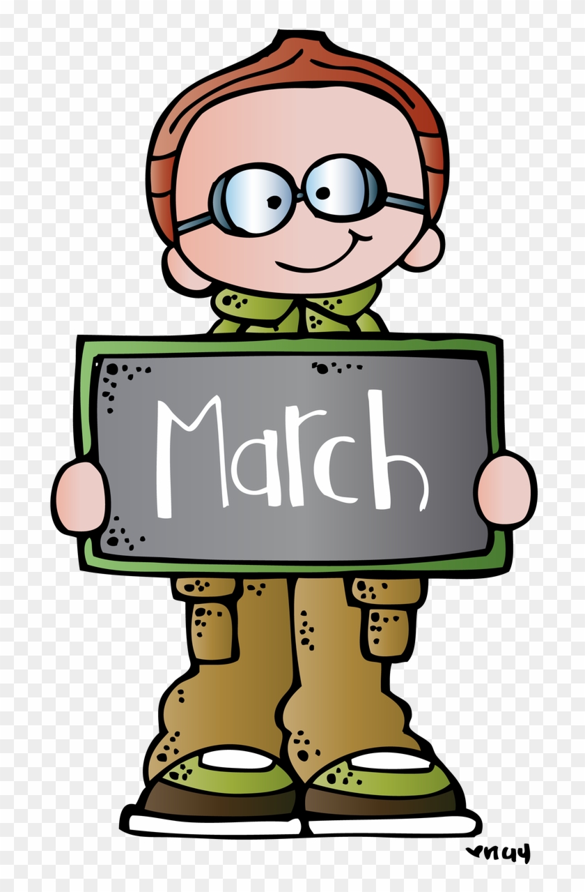 Cartoon boy with glasses holding a chalkboard sign that reads "March".