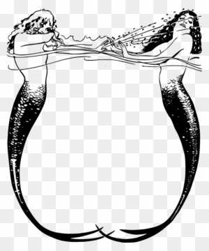 Two stylized mermaids with flowing hair and tails forming a circular frame, black-and-white line art.